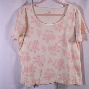 J Jill White Pink Floral Scoop Neck Short Sleeve Compassion Tee Women's L